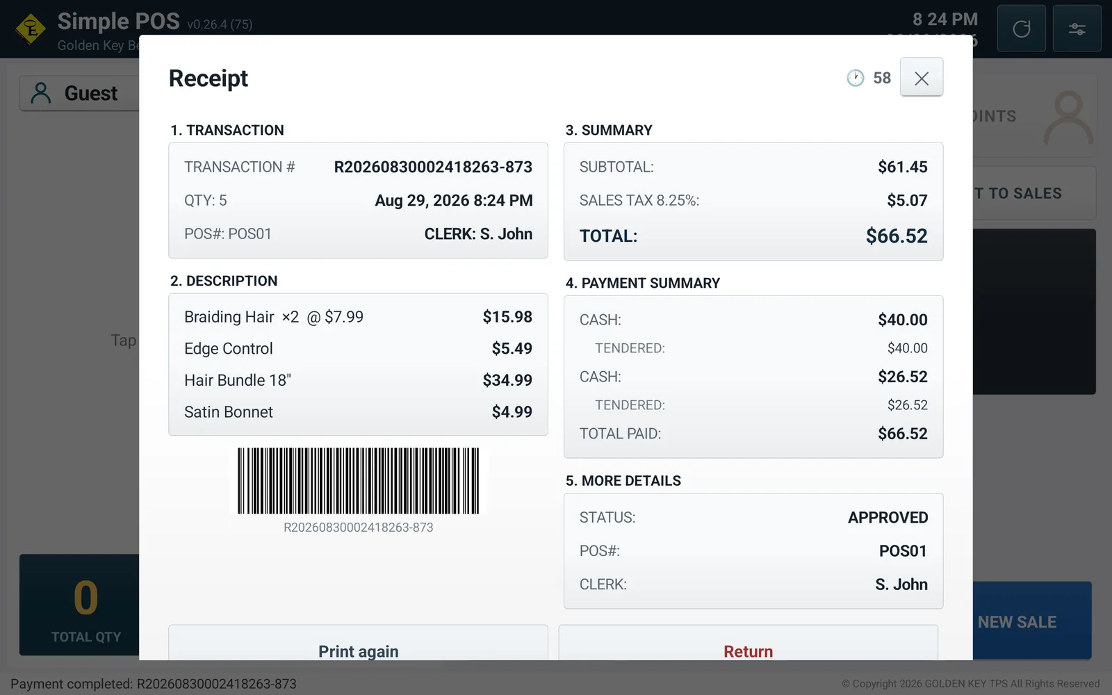 The receipt on screen